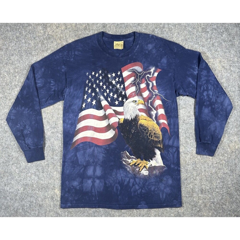 The Mountain Long Sleeve Shirt Men’s L Bald Eagle American Flag USA Blue Vtg Y2K